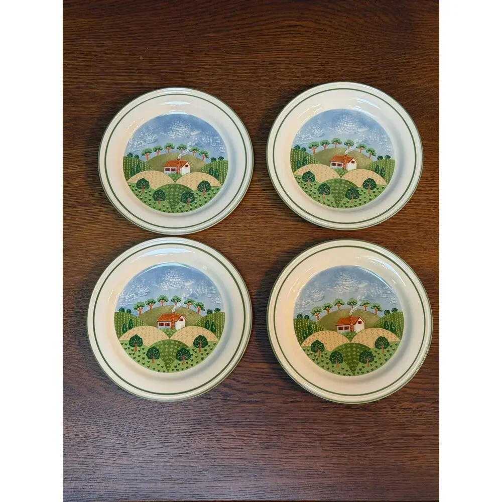 Set of 4 Vintage Sango Sangostone 7 5/8” Salad Plate Set, “Country Cottage” 3645